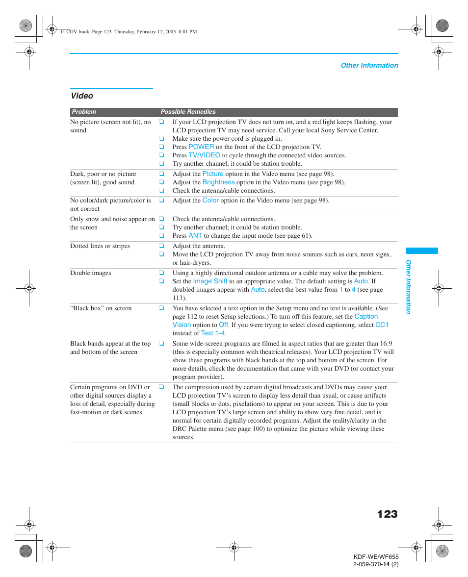 Video, Memory stick | Sony GRAND WEGA 2-059-370-14(2) User Manual | Page 123 / 132