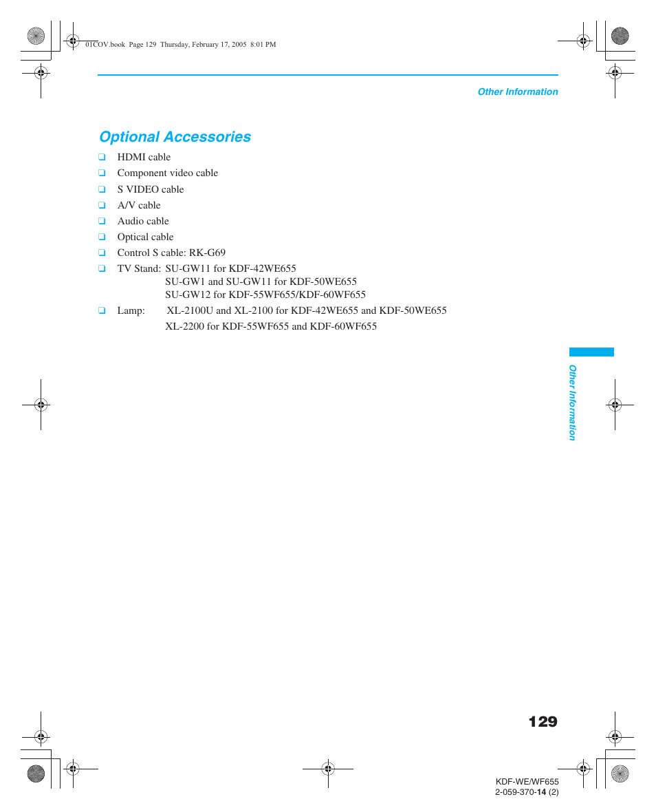 Optional accessories, Specifications, Index | Sony GRAND WEGA 2-059-370-14(2) User Manual | Page 129 / 132