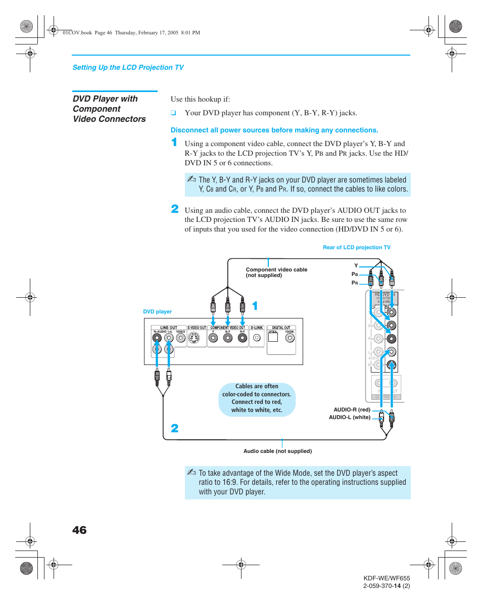 Dvd player with component video connectors, Satellite receiver with a vcr and cable | Sony GRAND WEGA 2-059-370-14(2) User Manual | Page 46 / 132
