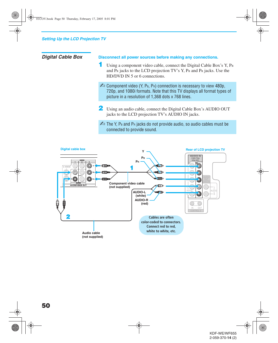 Digital cable box, Audio receiver, And p | Jacks to the lcd projection tv’s y, p, Jacks. use the hd/dvd in 5 or 6 connections, Component video (y, p, The y, p | Sony GRAND WEGA 2-059-370-14(2) User Manual | Page 50 / 132
