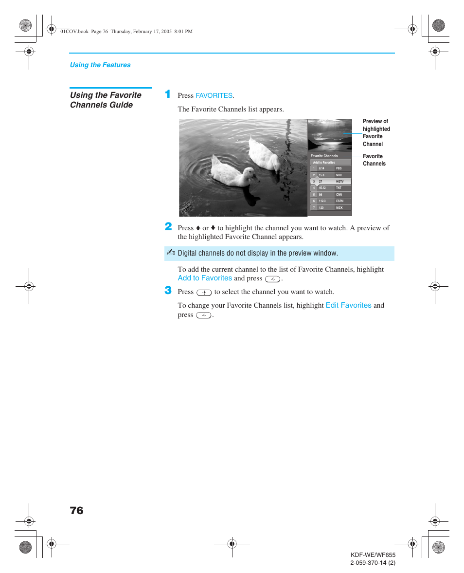 Using the favorite channels guide | Sony GRAND WEGA 2-059-370-14(2) User Manual | Page 76 / 132