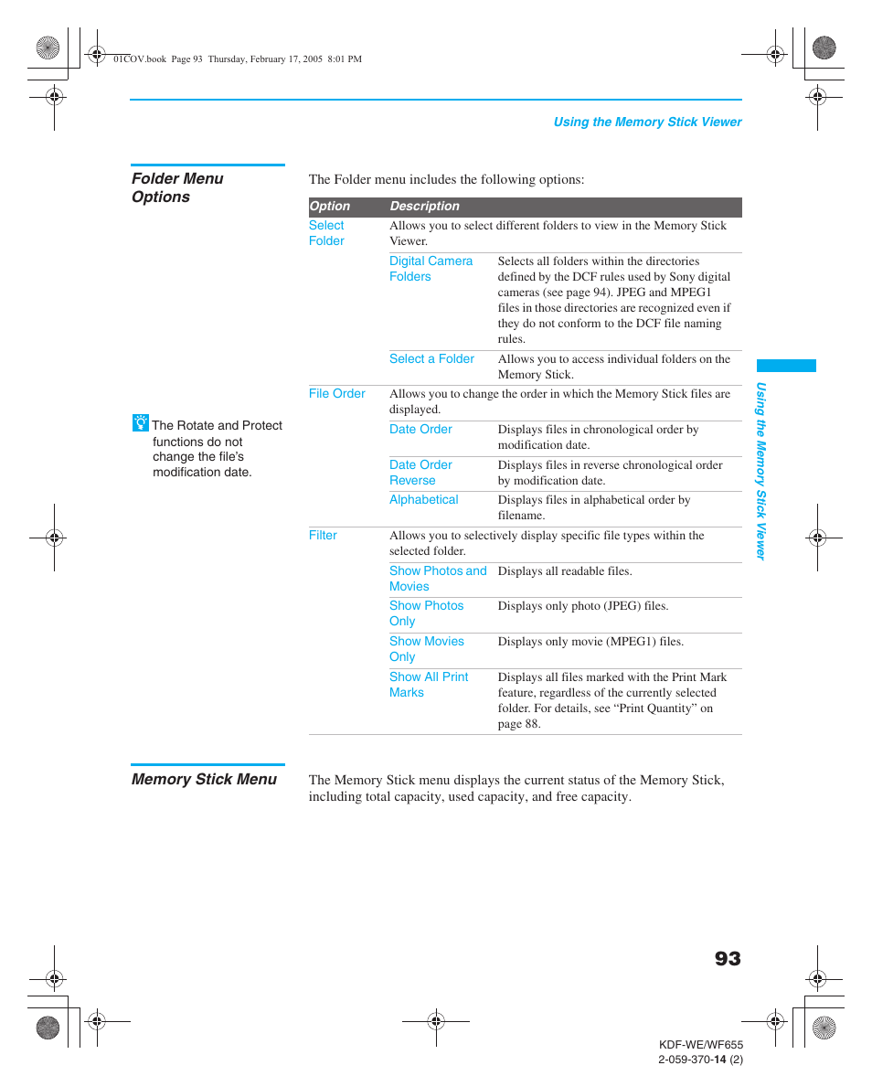 Folder menu options, Memory stick menu | Sony GRAND WEGA 2-059-370-14(2) User Manual | Page 93 / 132