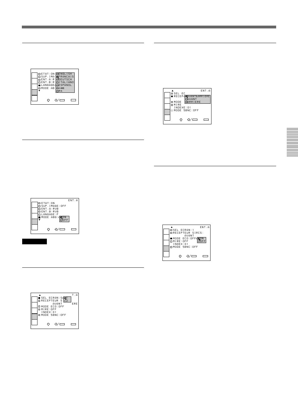 Langage, Mode abg, Sel ecran | Recepteur sircs, Mode eco, Remarque | Sony VPH-D50HTM User Manual | Page 81 / 140
