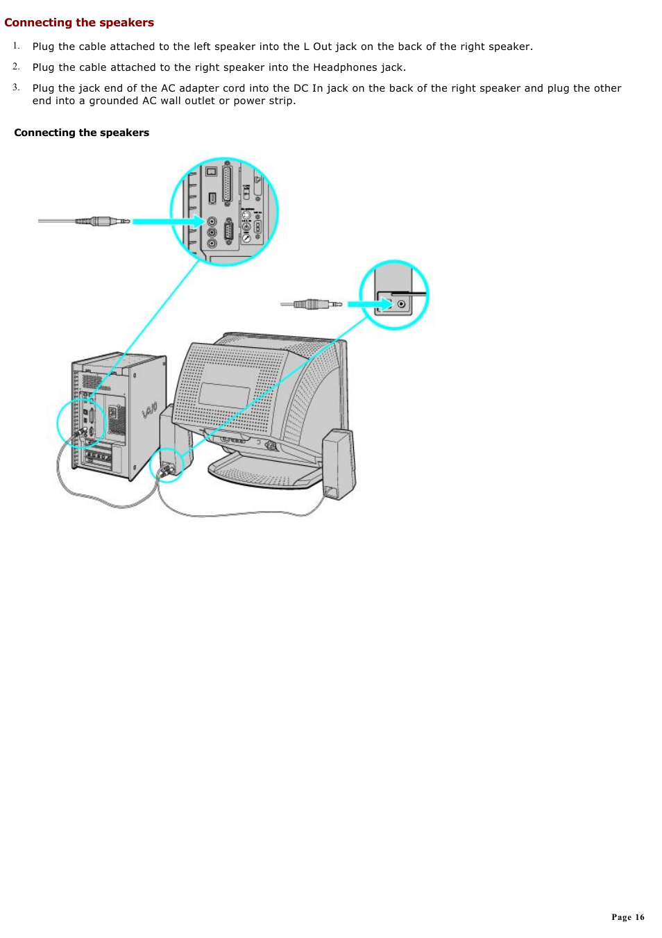 Connecting the speakers | Sony PCVRX670 User Manual | Page 16 / 88