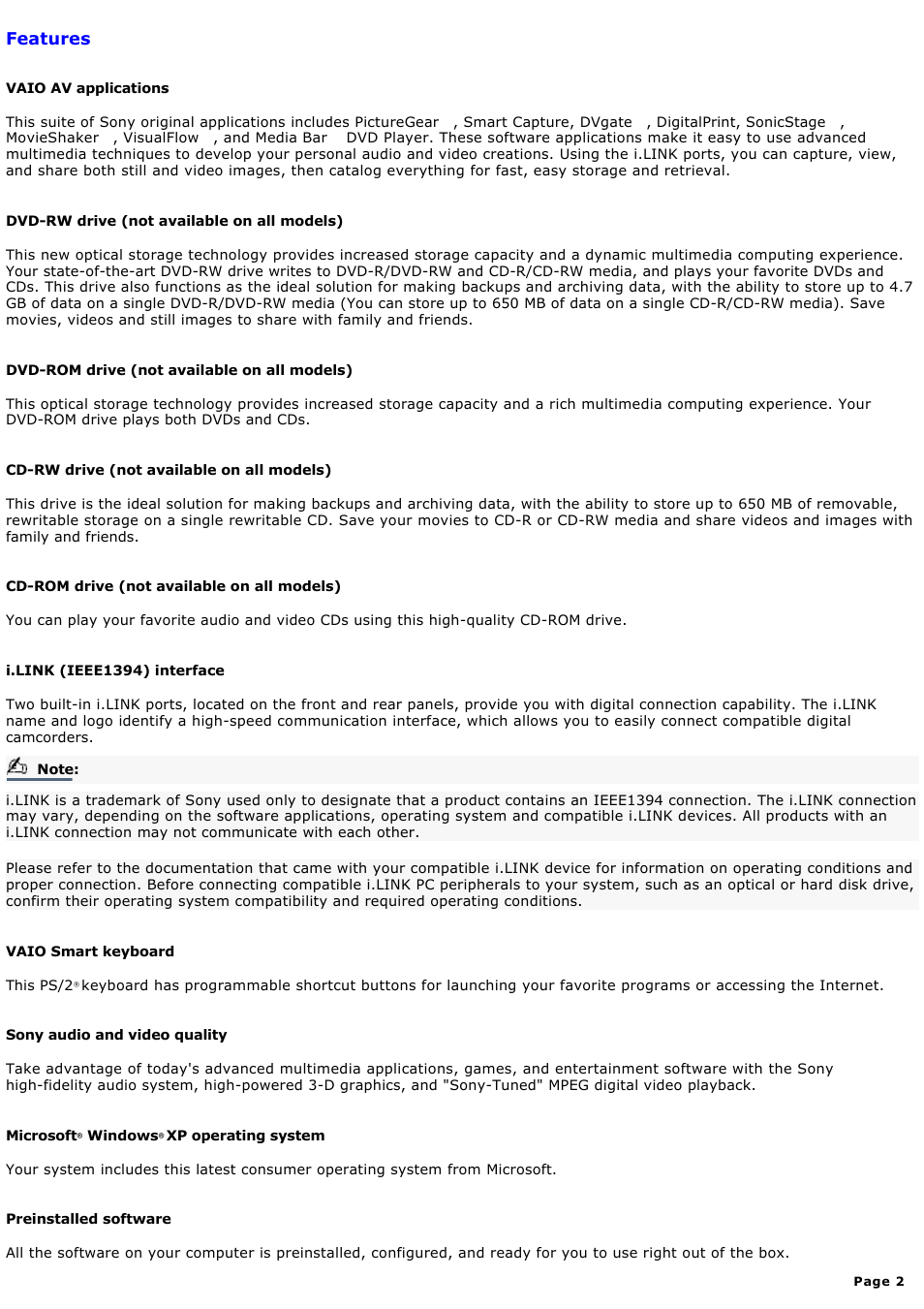 Features | Sony PCVRX670 User Manual | Page 2 / 88