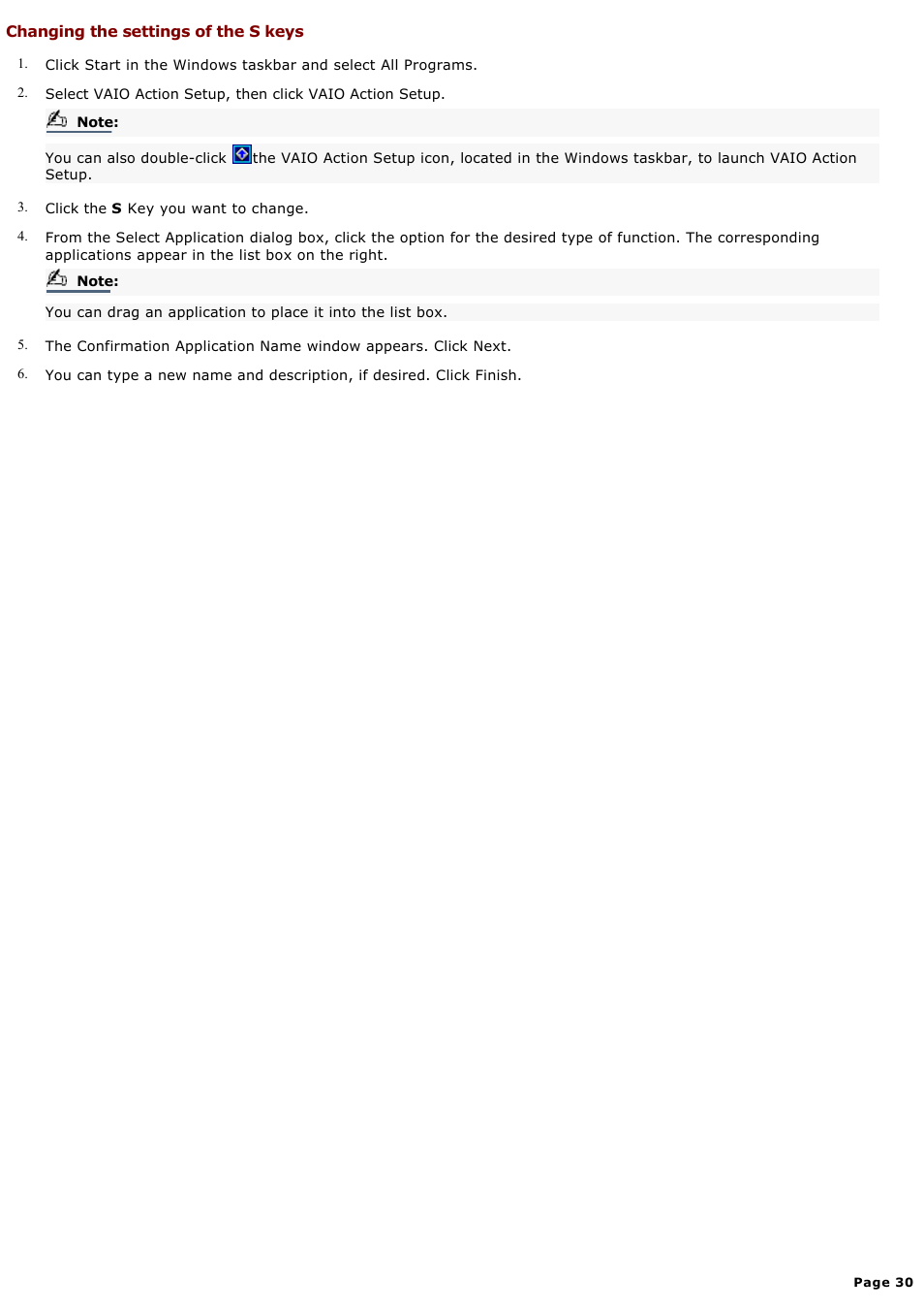 Changing the settings of the s keys | Sony PCVRX670 User Manual | Page 30 / 88