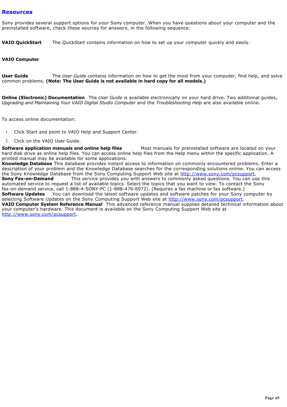 Resources | Sony PCVRX670 User Manual | Page 65 / 88