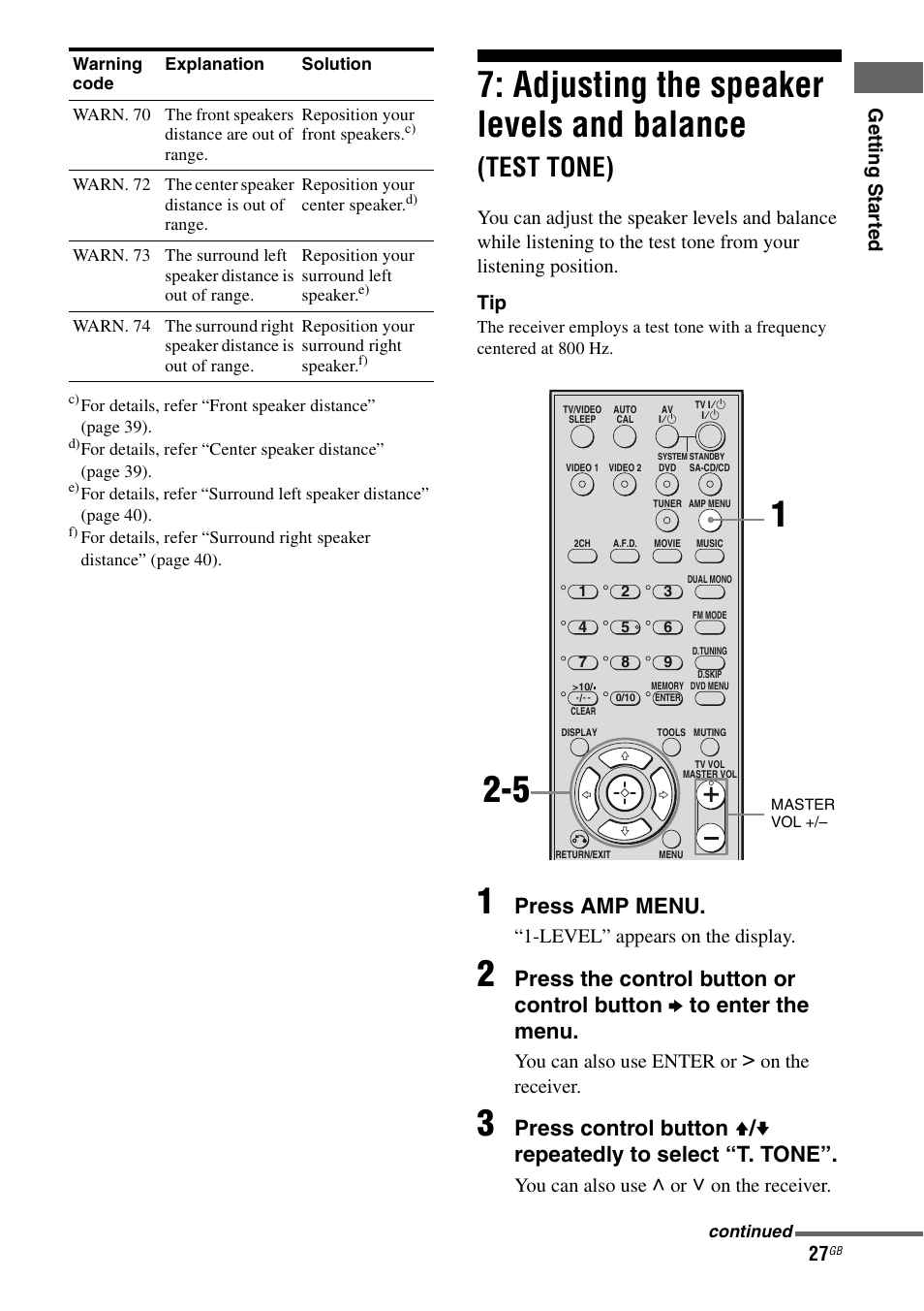 Adjusting the speaker levels and, Balance (test tone), E 27 | Adjusting the speaker levels and balance, Test tone), Press amp menu, Ge tting star te d, Level” appears on the display, You can also use enter or i on the receiver, You can also use u or u on the receiver | Sony 2-680-009-12 (1) User Manual | Page 27 / 64