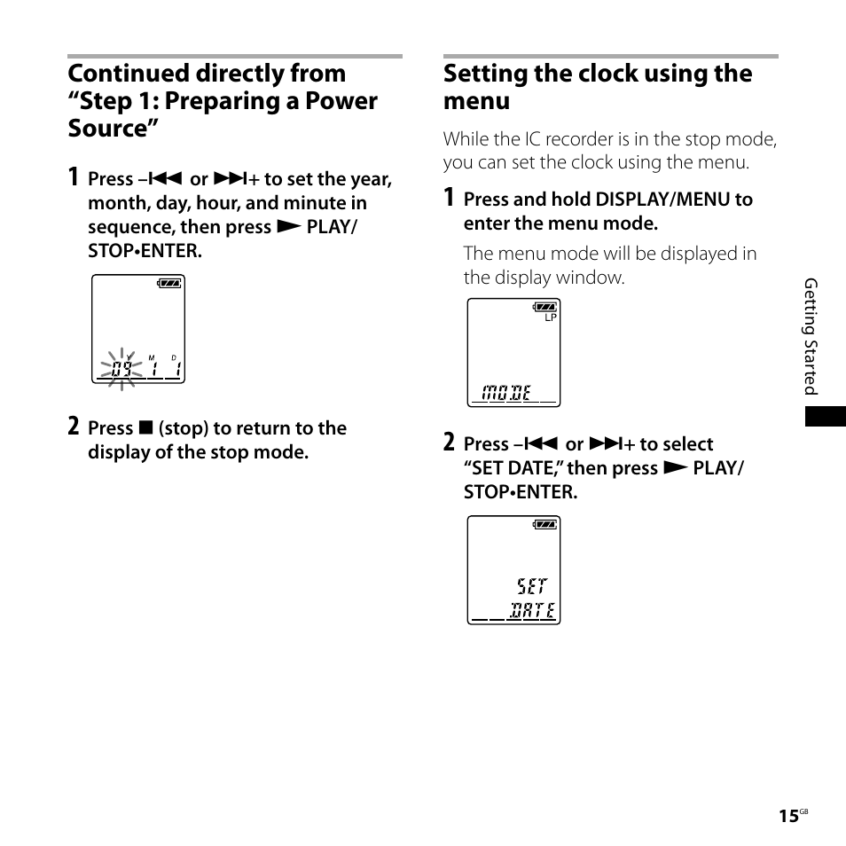 Setting the clock using the menu, Continued directly from “step 1 | Sony 4-113-168-11(2) User Manual | Page 15 / 76