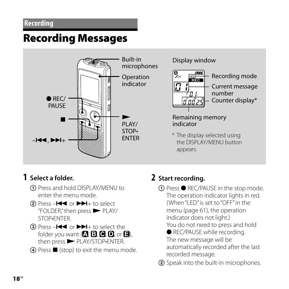 Recording, Recording messages, Ophones (18) | Sony 4-113-168-11(2) User Manual | Page 18 / 76