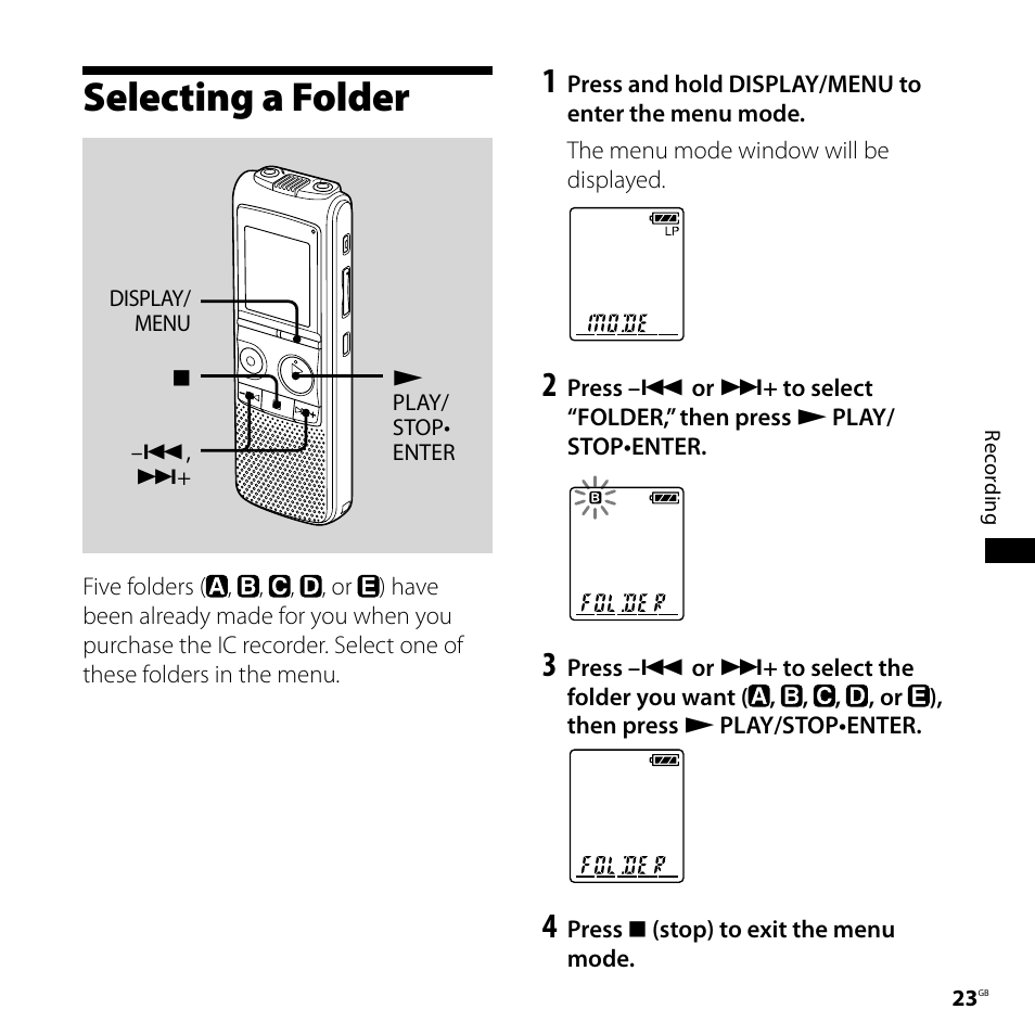 Selecting a folder | Sony 4-113-168-11(2) User Manual | Page 23 / 76
