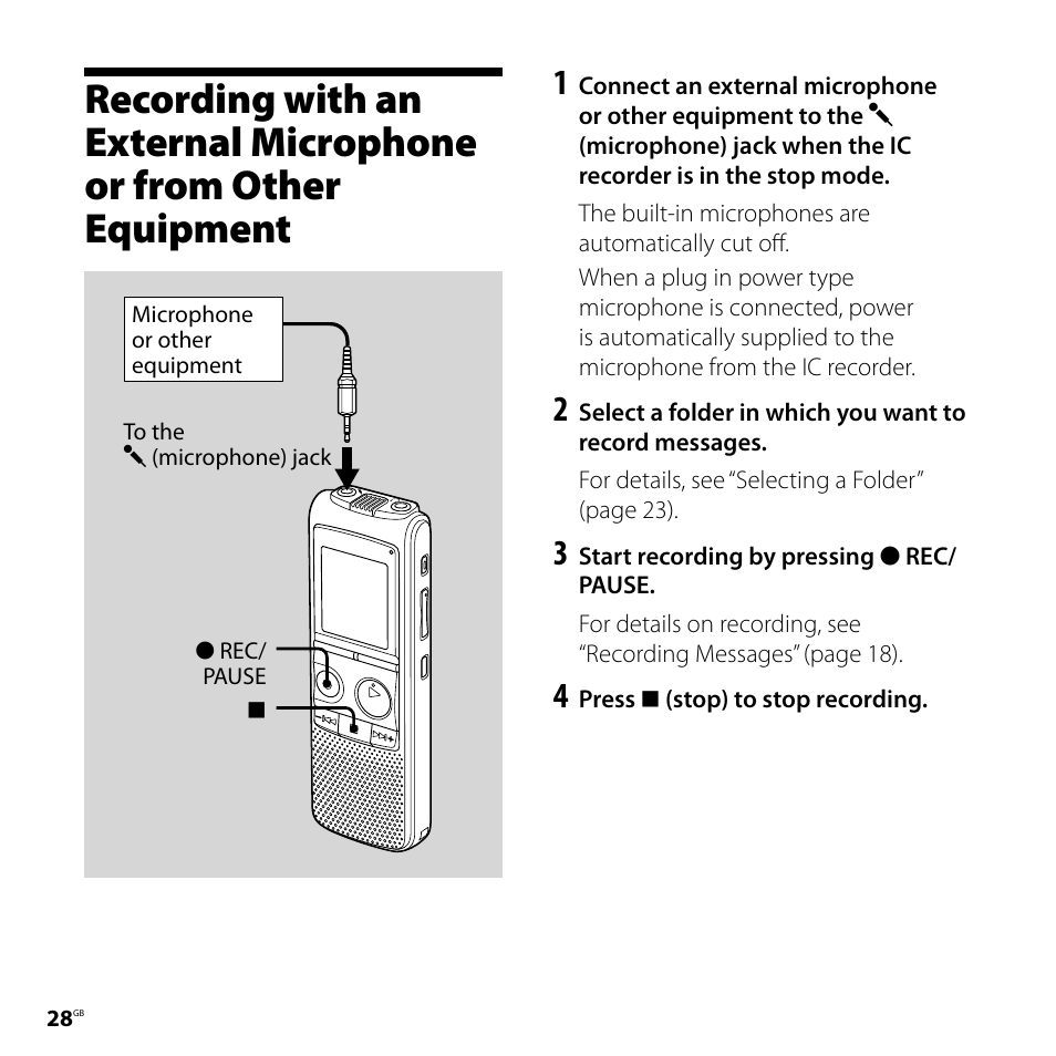 Recording with an external, Microphone or from other, Equipment | Ophone) jack (28) | Sony 4-113-168-11(2) User Manual | Page 28 / 76