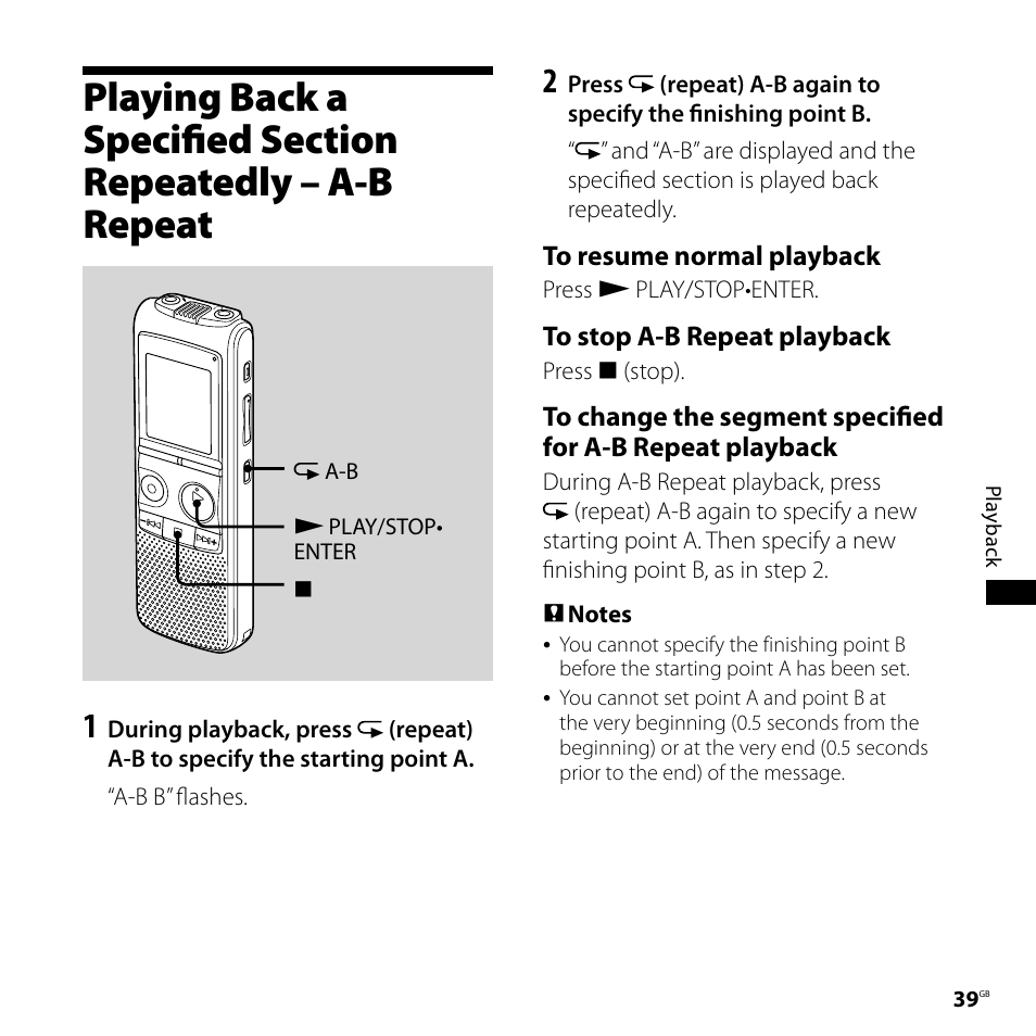 Playing back a specified section, Repeatedly – a-b repeat | Sony 4-113-168-11(2) User Manual | Page 39 / 76