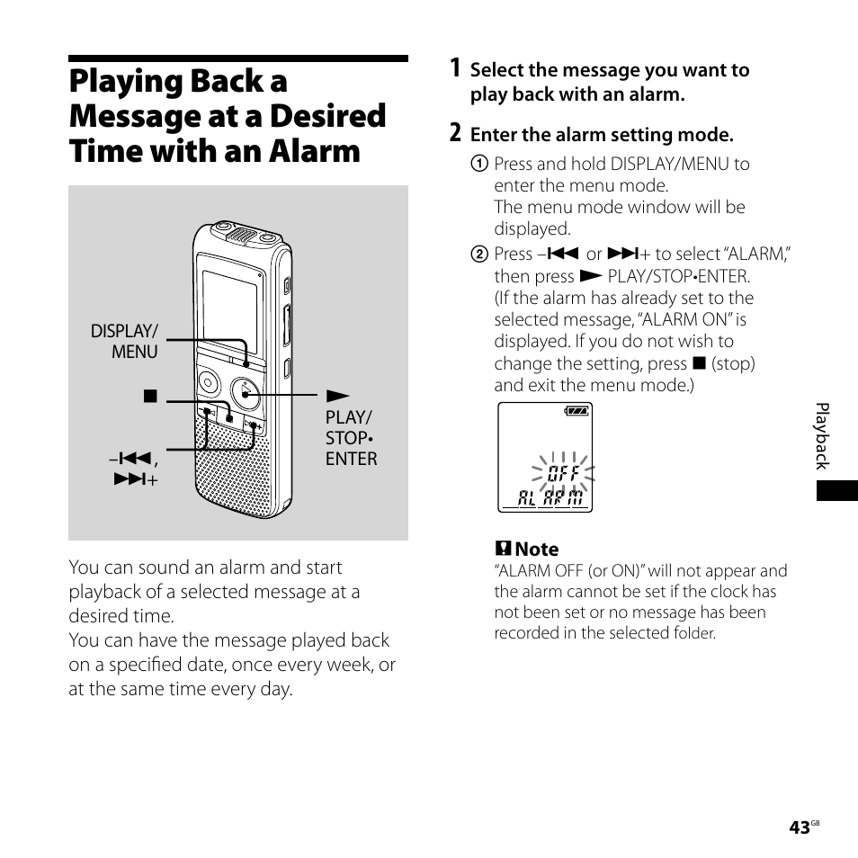 Playing back a message at a desired, Time with an alarm | Sony 4-113-168-11(2) User Manual | Page 43 / 76