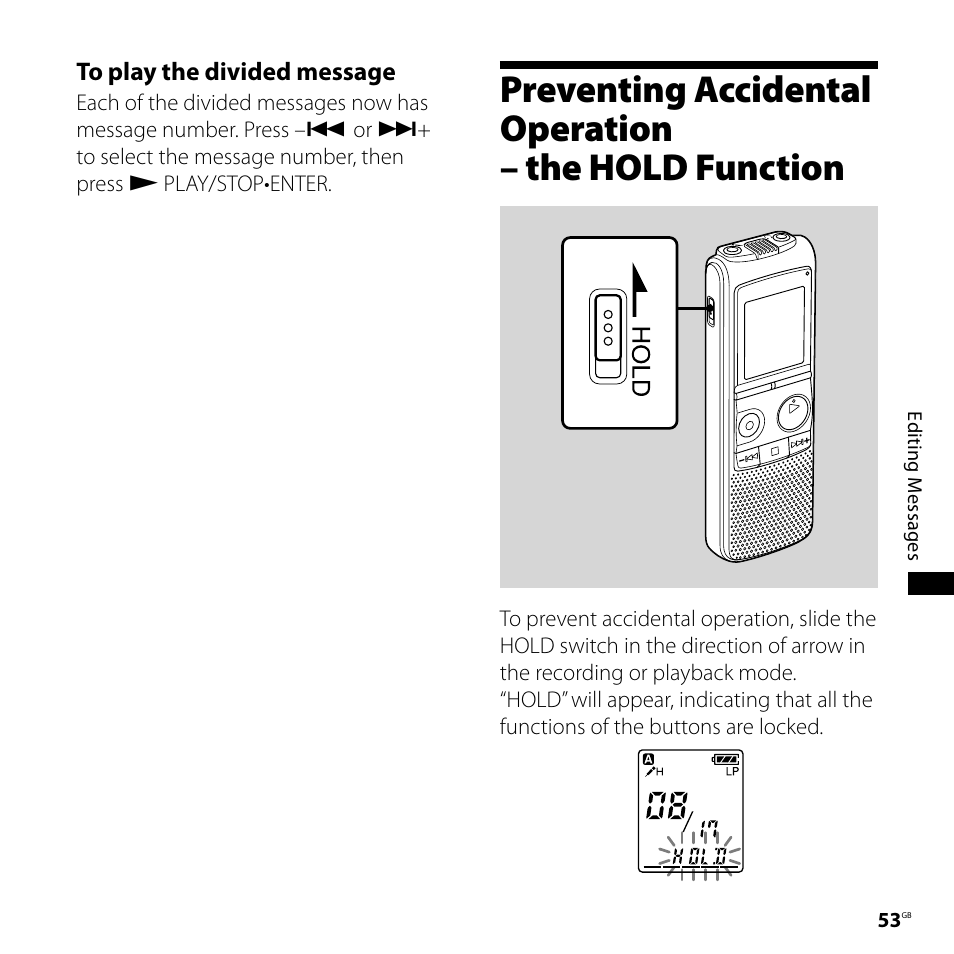 Preventing accidental operation – the, Hold function | Sony 4-113-168-11(2) User Manual | Page 53 / 76