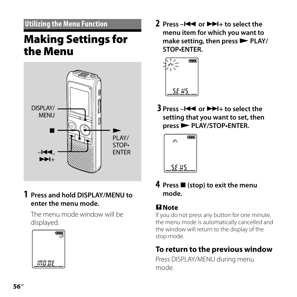 Utilizing the menu function, Making settings for the menu | Sony 4-113-168-11(2) User Manual | Page 56 / 76