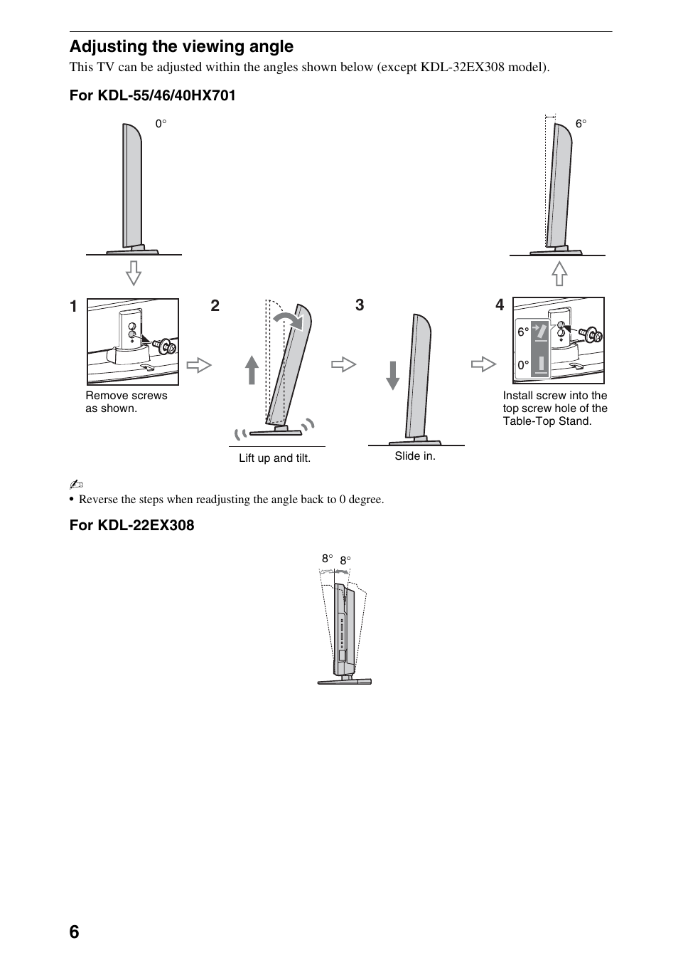 Adjusting the viewing angle | Sony BRAVIA 46HX701 User Manual | Page 6 / 24