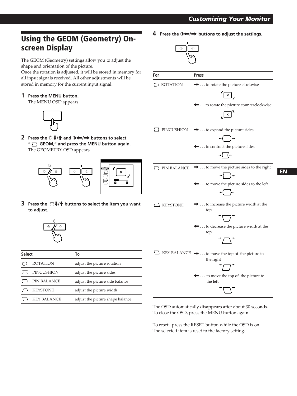 Using the geom (geometry) on- screen display, Getting started customizing your monitor | Sony GDM-400PST User Manual | Page 11 / 104