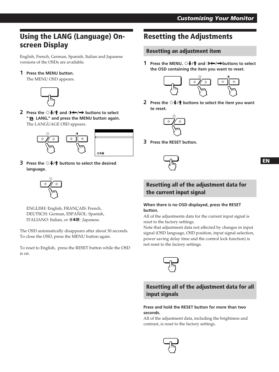 Using the lang (language) on- screen display, Resetting the adjustments | Sony GDM-400PST User Manual | Page 17 / 104
