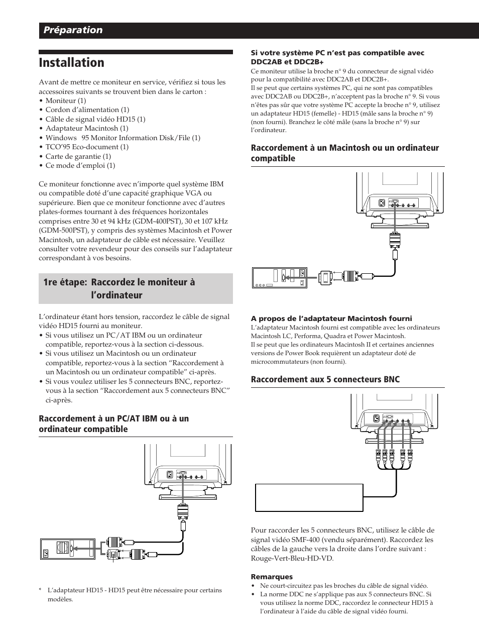Installation, Préparation, 1re étape: raccordez le moniteur à l’ordinateur | Sony GDM-400PST User Manual | Page 26 / 104