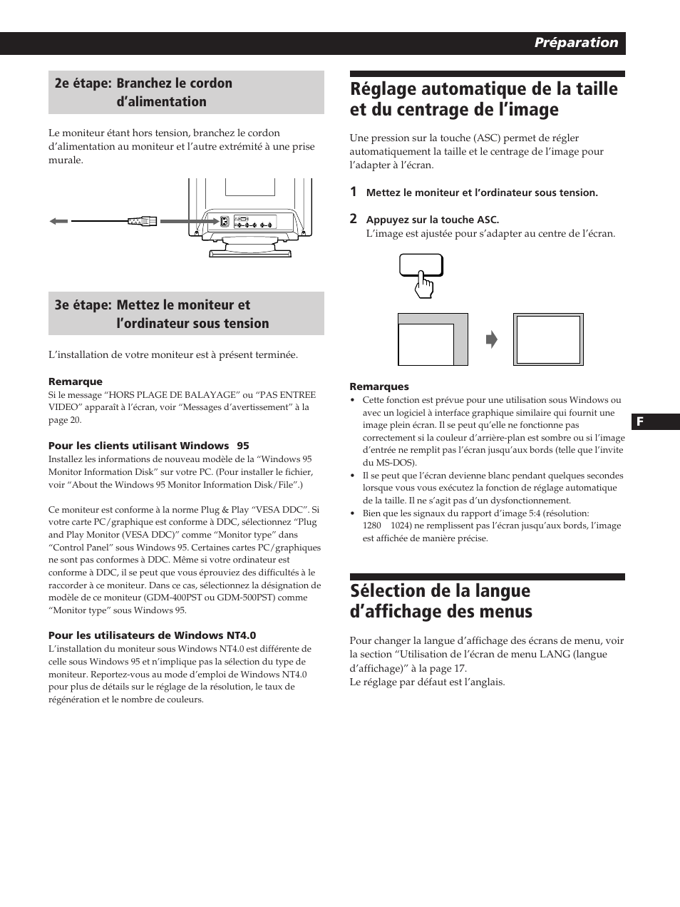 Sélection de la langue d’affichage des menus, Préparation, 2e étape: branchez le cordon d’alimentation | Sony GDM-400PST User Manual | Page 27 / 104