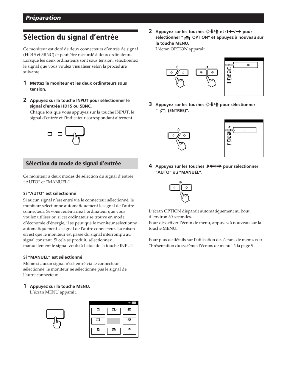 Sélection du signal d’entrée, Préparation, Sélection du mode de signal d’entrée | Sony GDM-400PST User Manual | Page 28 / 104