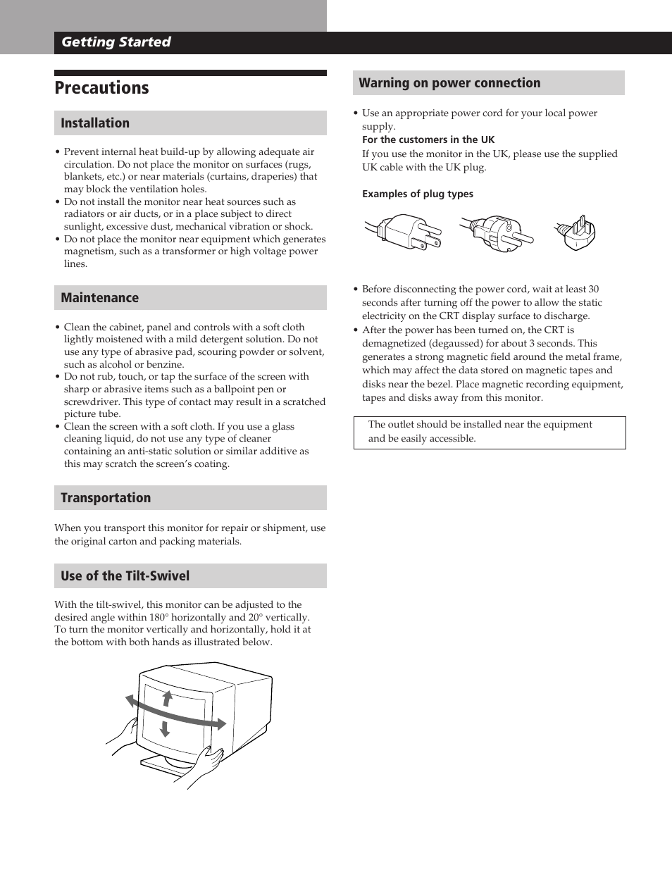 Precautions, Getting started, Installation | Maintenance, Transportation, Use of the tilt-swivel, Warning on power connection | Sony GDM-400PST User Manual | Page 4 / 104