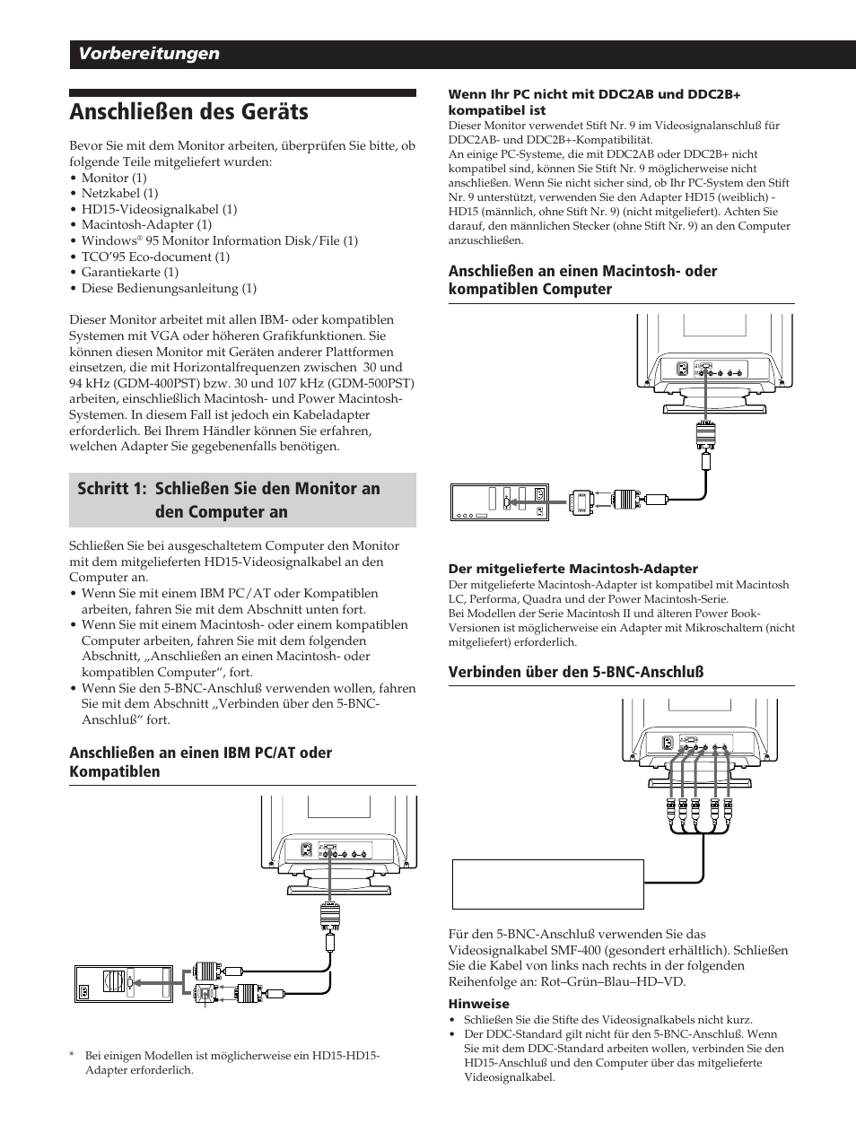 Anschließen des geräts, Vorbereitungen | Sony GDM-400PST User Manual | Page 46 / 104