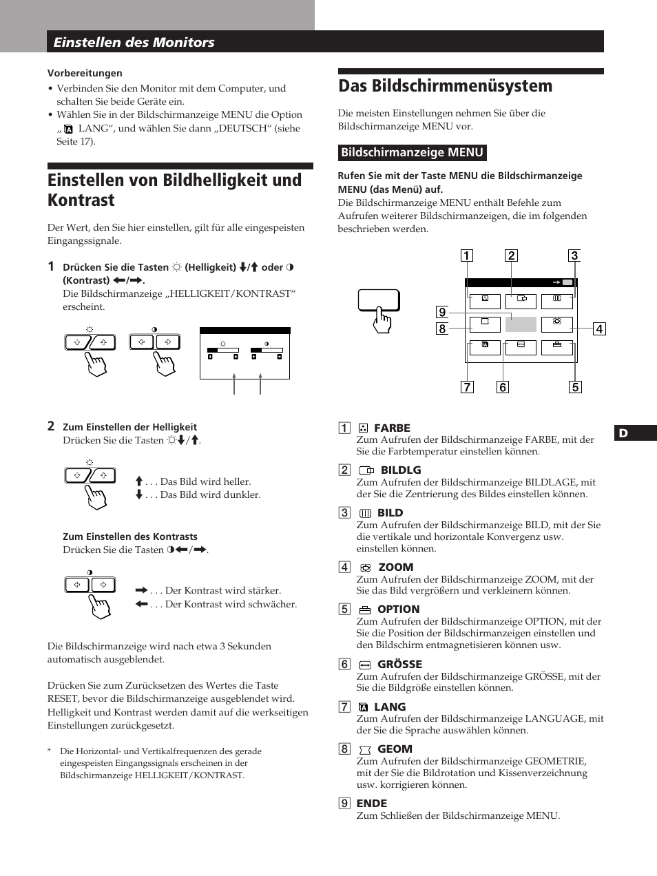 Einstellen von bildhelligkeit und kontrast, Das bildschirmmenüsystem, Einstellen des monitors | Sony GDM-400PST User Manual | Page 49 / 104
