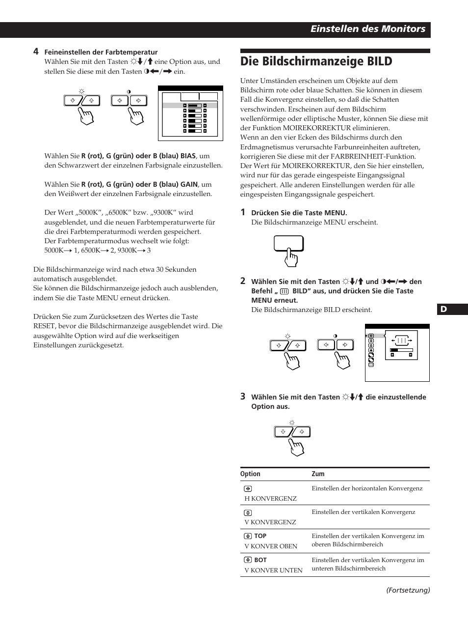 Die bildschirmanzeige bild, Einstellen des monitors | Sony GDM-400PST User Manual | Page 53 / 104