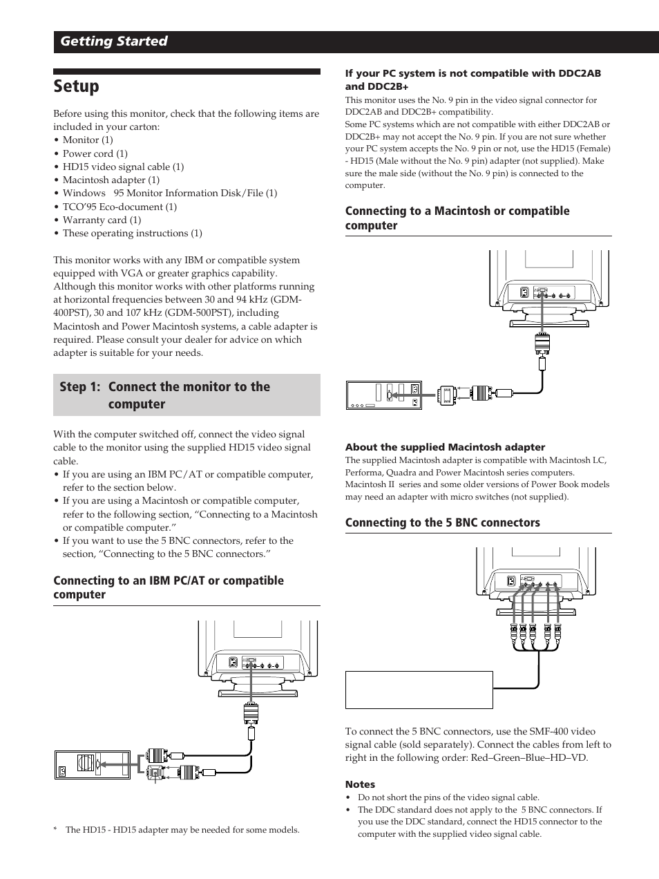 Setup, Getting started, Step 1: connect the monitor to the computer | Sony GDM-400PST User Manual | Page 6 / 104