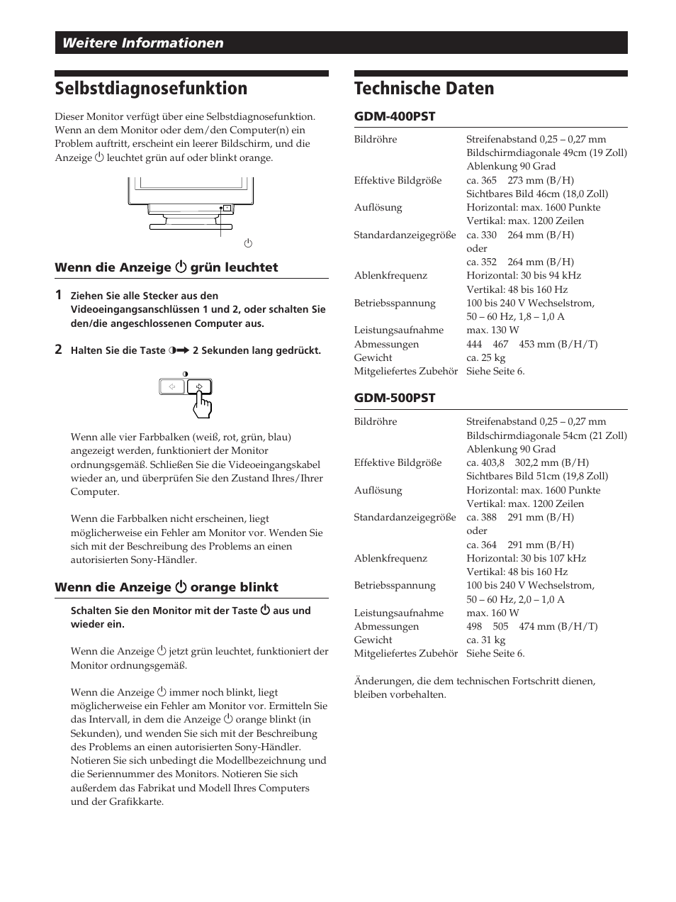 Selbstdiagnosefunktion, Technische daten, Weitere informationen | Sony GDM-400PST User Manual | Page 62 / 104