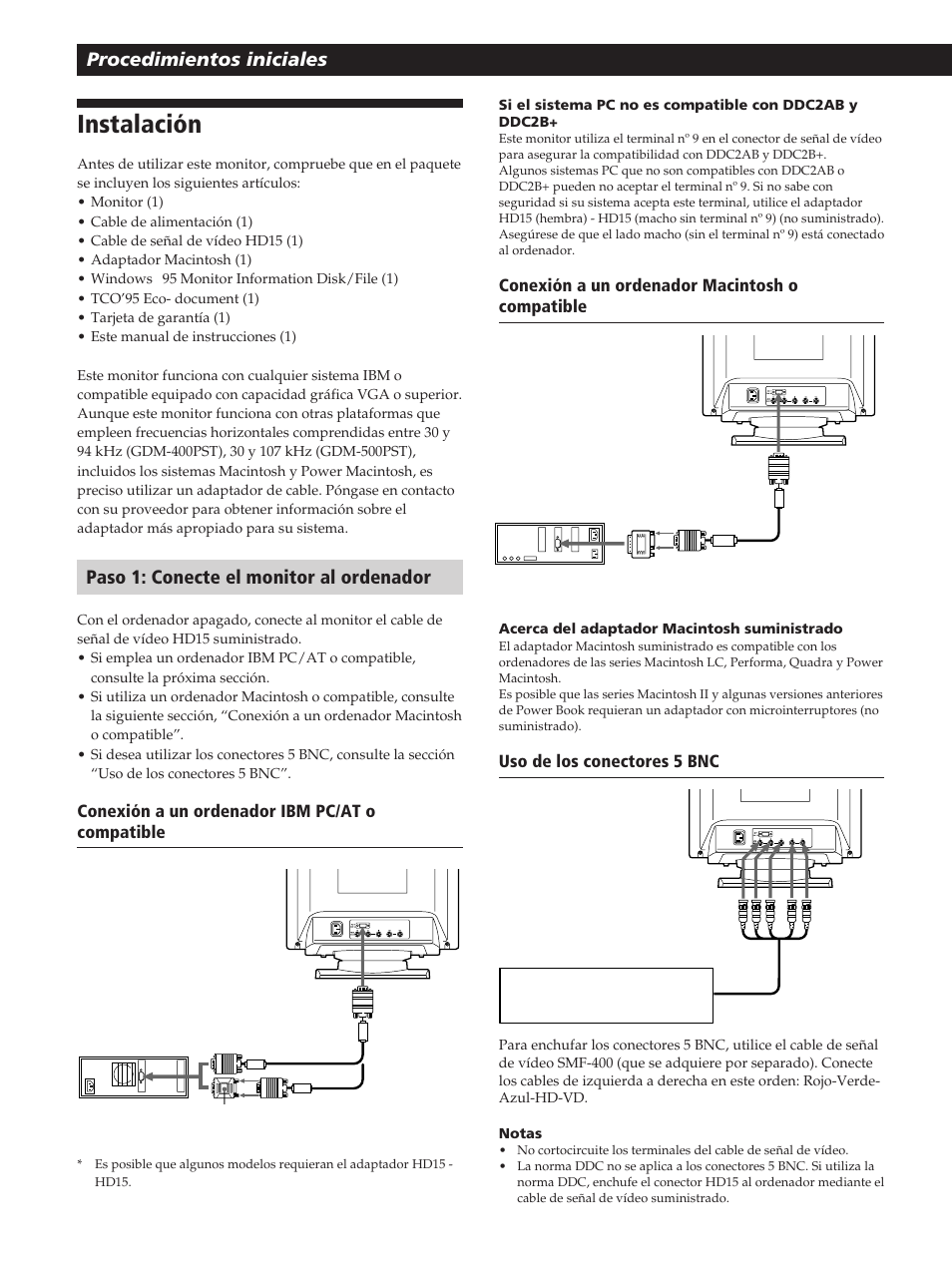 Instalación, Procedimientos iniciales, Paso 1: conecte el monitor al ordenador | Sony GDM-400PST User Manual | Page 66 / 104