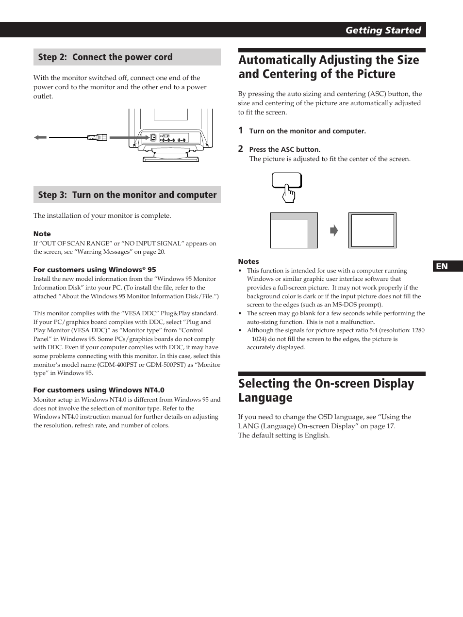 Selecting the on-screen display language, Getting started, Step 2: connect the power cord | Step 3: turn on the monitor and computer | Sony GDM-400PST User Manual | Page 7 / 104
