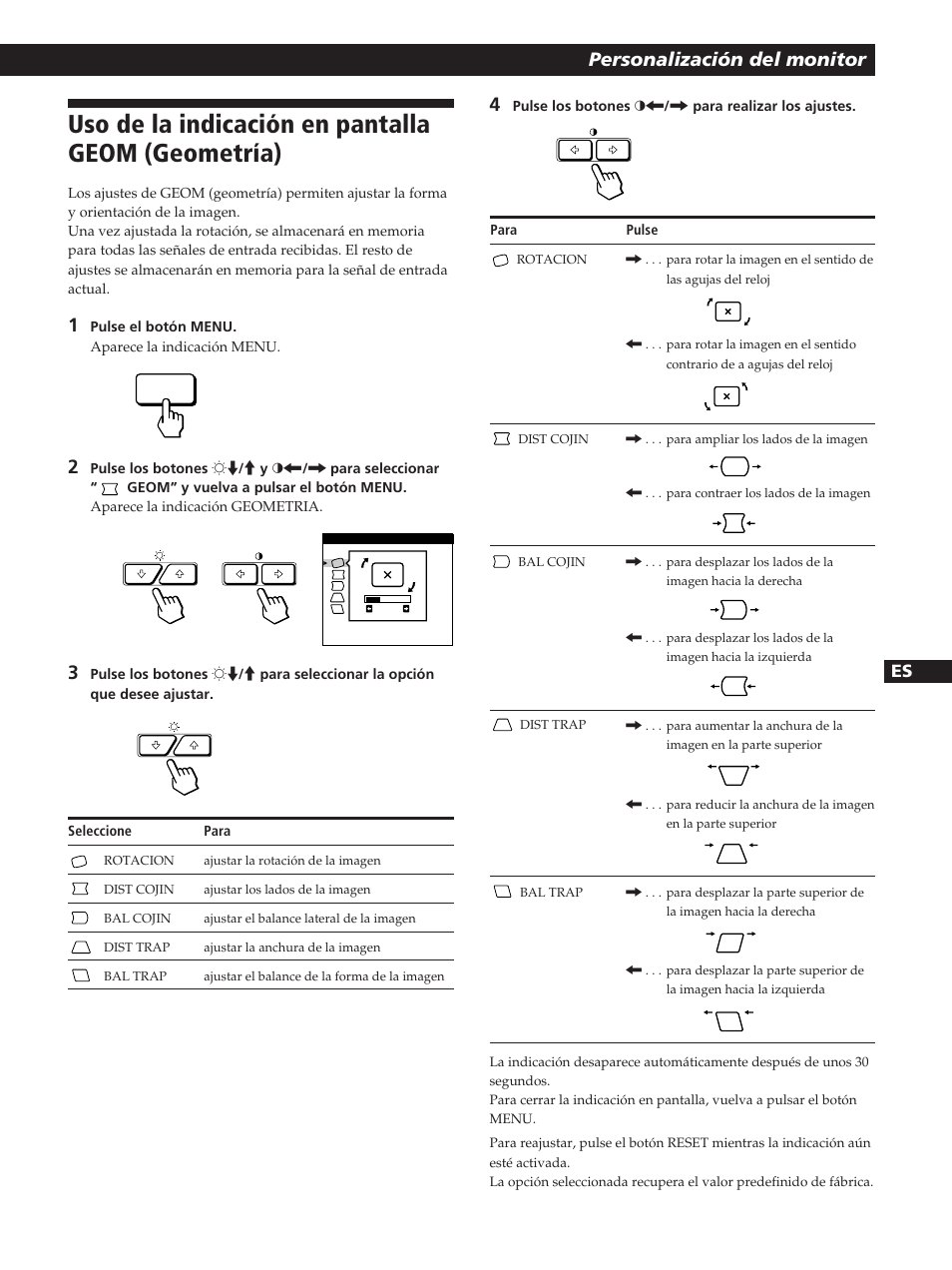 Uso de la indicación en pantalla geom (geometría), Personalización del monitor | Sony GDM-400PST User Manual | Page 71 / 104