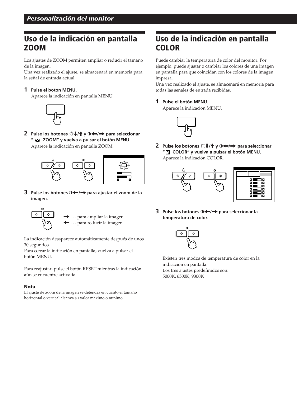 Uso de la indicación en pantalla zoom, Uso de la indicación en pantalla color, Personalización del monitor | Sony GDM-400PST User Manual | Page 72 / 104