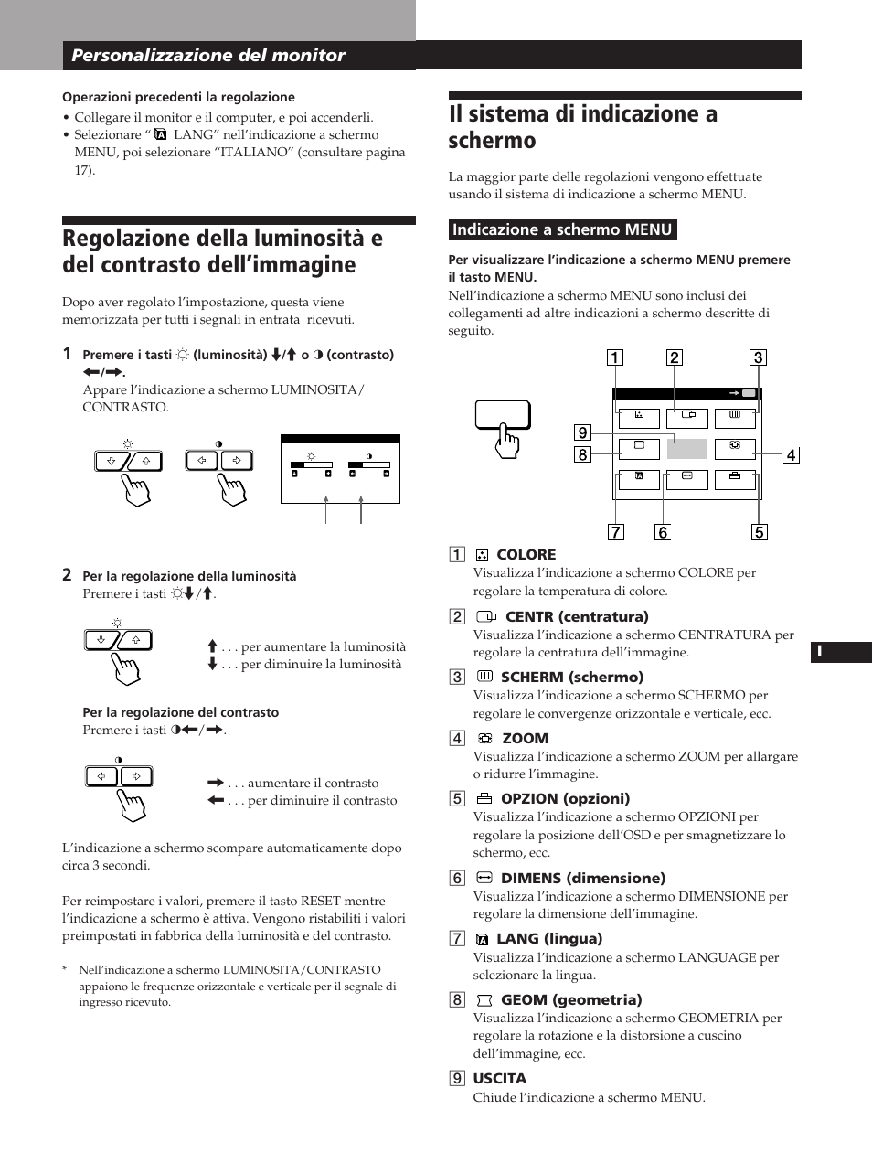Il sistema di indicazione a schermo, Personalizzazione del monitor | Sony GDM-400PST User Manual | Page 89 / 104