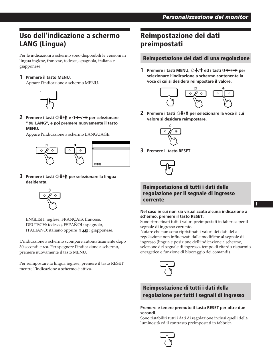 Uso dell’indicazione a schermo lang (lingua), Reimpostazione dei dati preimpostati | Sony GDM-400PST User Manual | Page 97 / 104