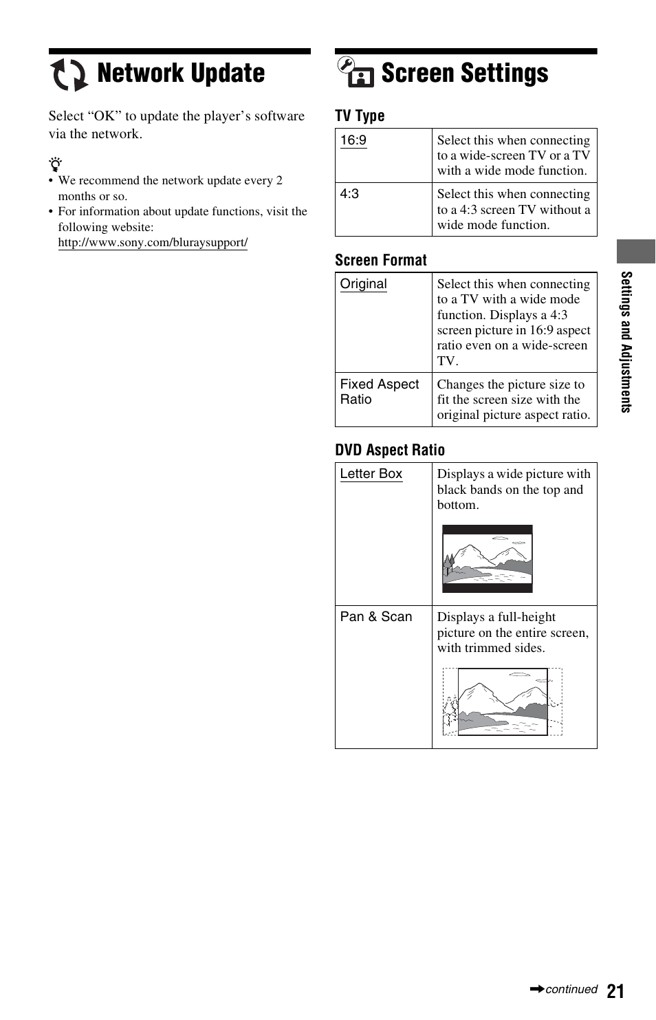 Network update, Screen settings, Network update screen settings | Sony BDP-BX37 User Manual | Page 21 / 39
