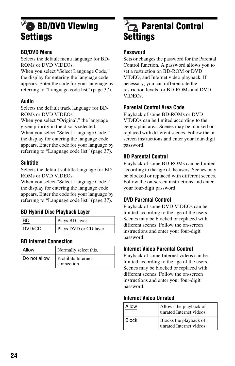 Bd/dvd viewing settings, Parental control settings, Bd/dvd viewing settings parental control settings | Sony BDP-BX37 User Manual | Page 24 / 39
