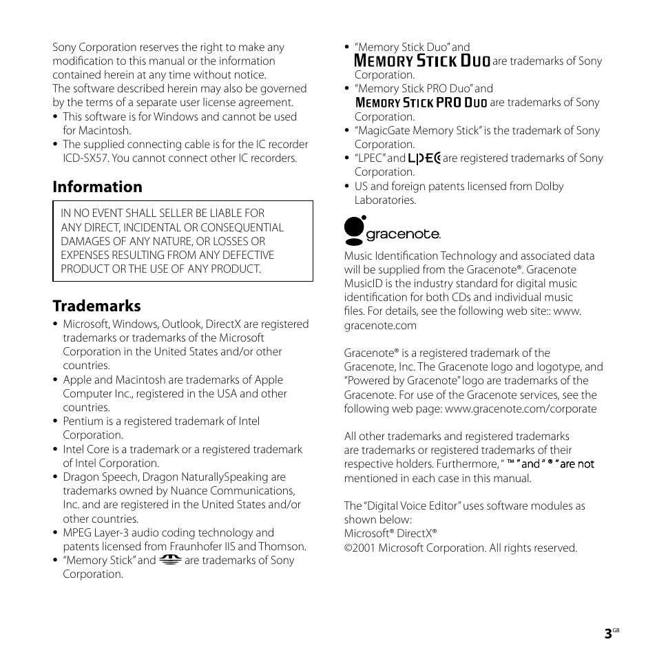 Information, Trademarks | Sony ICD-SX57  EN User Manual | Page 3 / 84