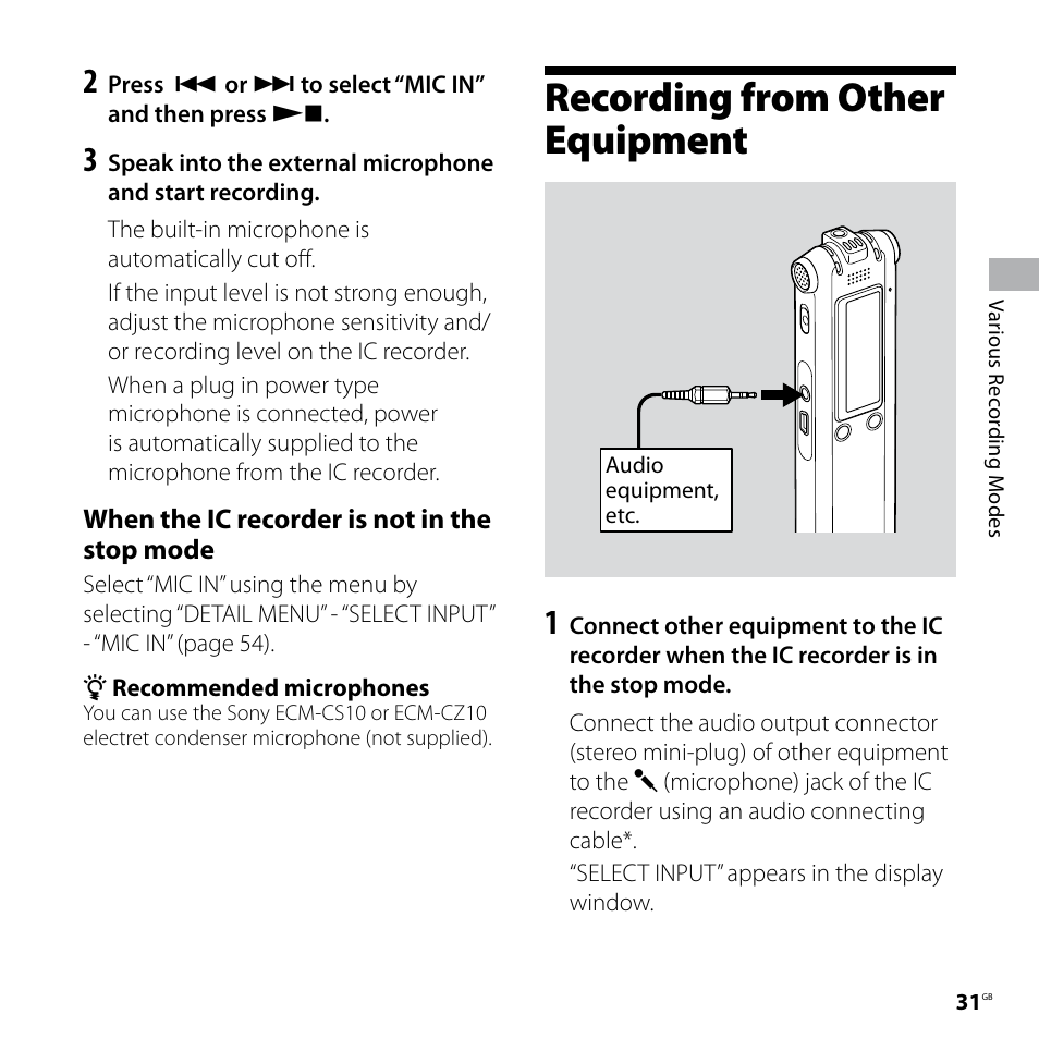 Recording from other equipment | Sony ICD-SX57  EN User Manual | Page 31 / 84