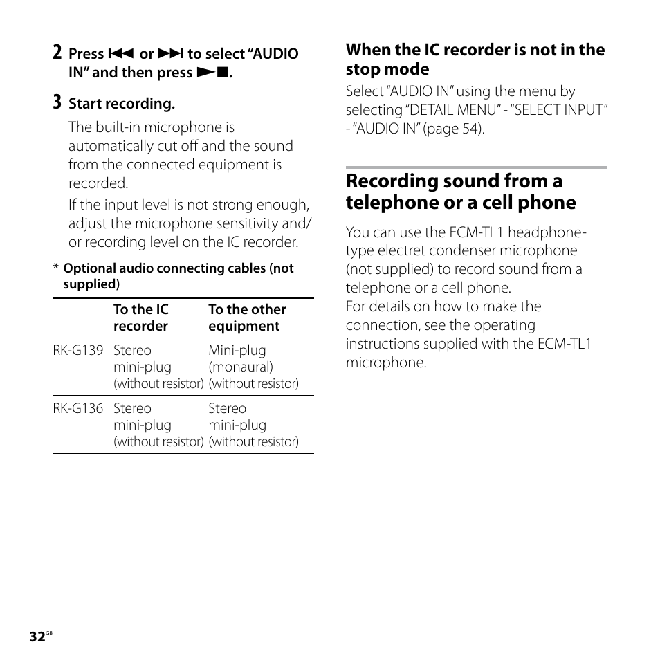 Recording sound from a telephone or a cell phone | Sony ICD-SX57  EN User Manual | Page 32 / 84