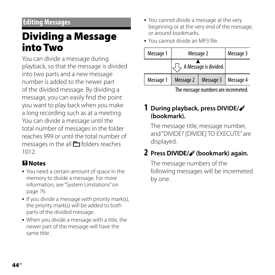 Dividing a message into two, Editing messages | Sony ICD-SX57  EN User Manual | Page 44 / 84