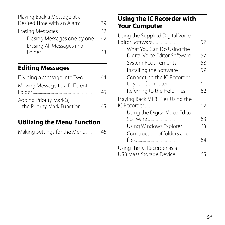 Editing messages, Utilizing the menu function, Using the ic recorder with your computer | Sony ICD-SX57  EN User Manual | Page 5 / 84