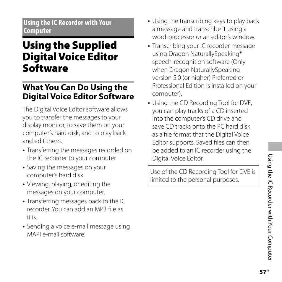 Using the supplied digital voice editor software, Using the ic recorder with your computer | Sony ICD-SX57  EN User Manual | Page 57 / 84