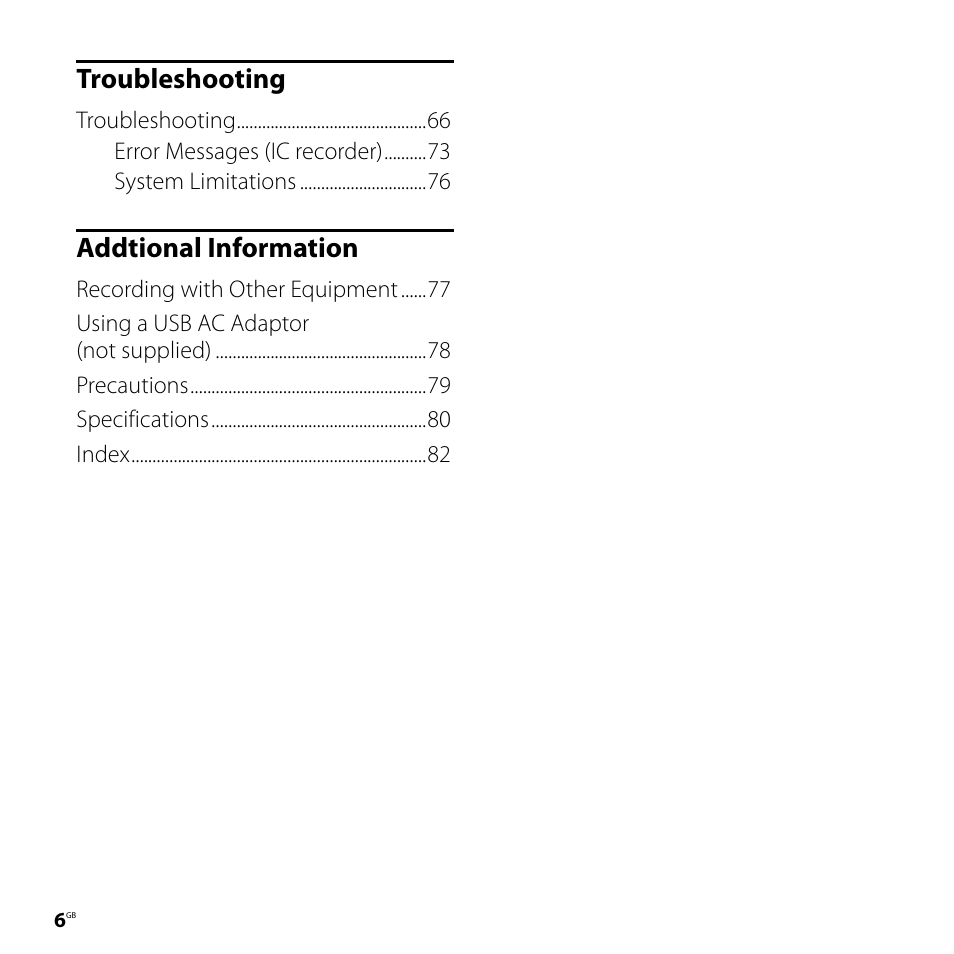 Troubleshooting, Addtional information | Sony ICD-SX57  EN User Manual | Page 6 / 84
