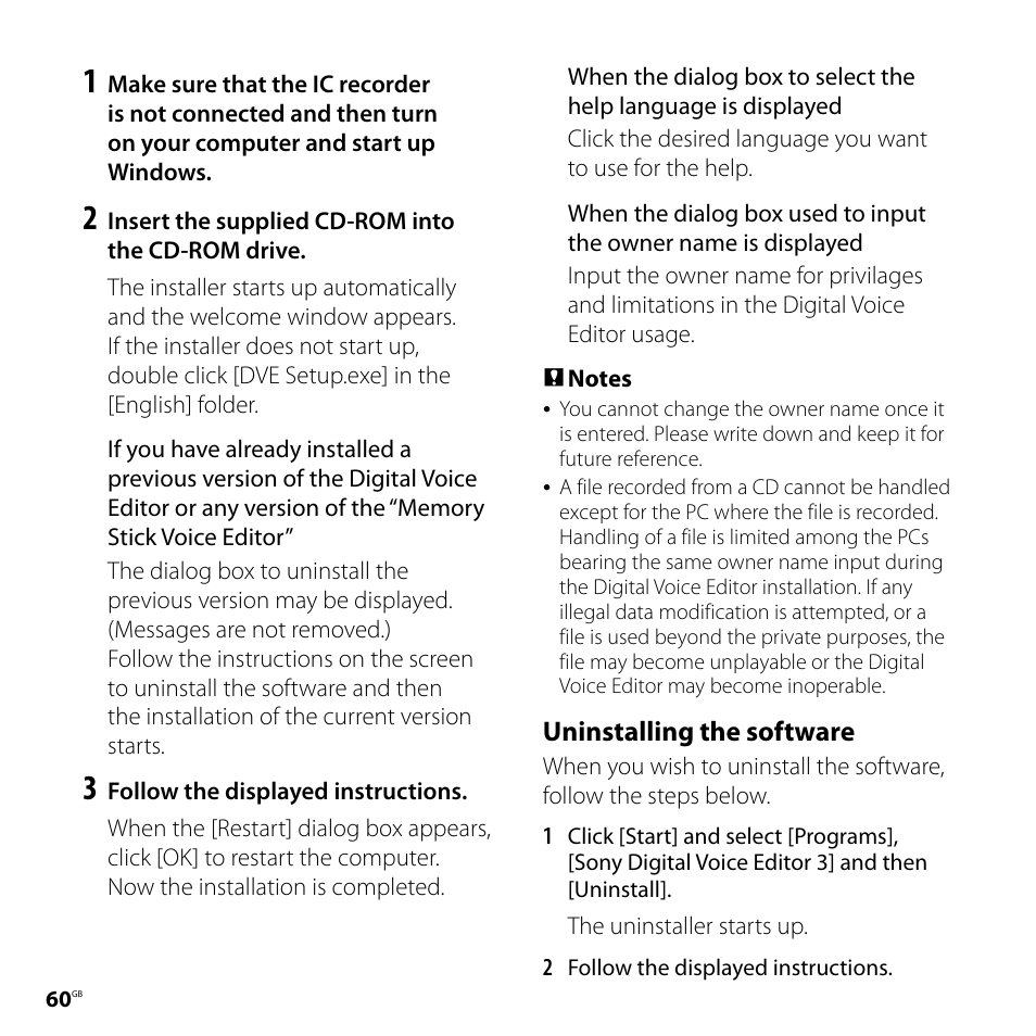 Uninstalling the software | Sony ICD-SX57  EN User Manual | Page 60 / 84