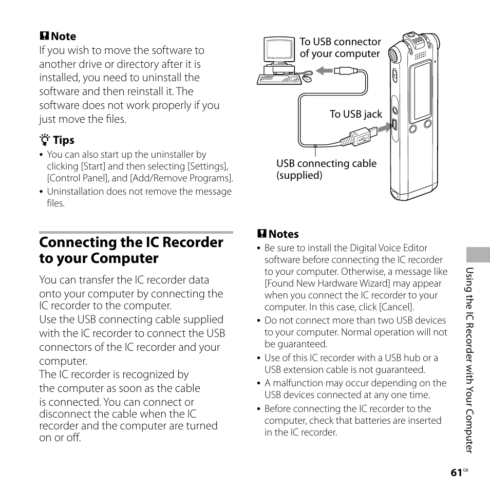 Connecting the ic recorder to your computer | Sony ICD-SX57  EN User Manual | Page 61 / 84