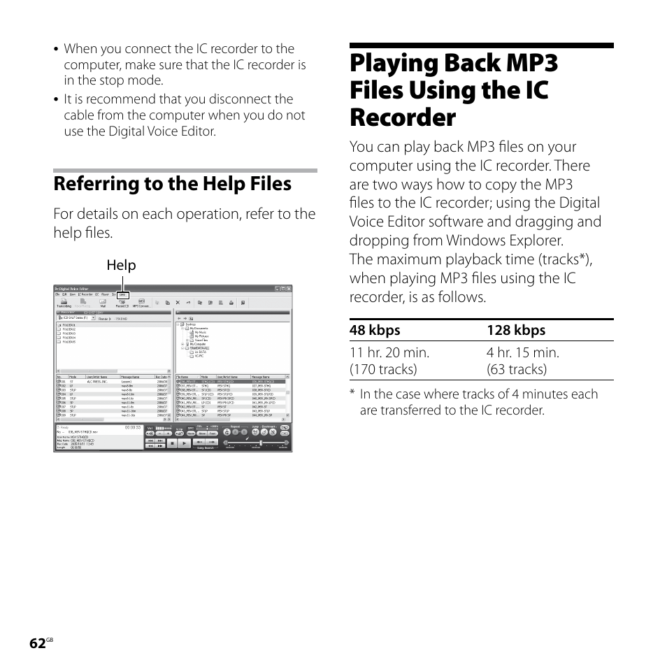 Playing back mp3 files using the ic recorder, Referring to the help files | Sony ICD-SX57  EN User Manual | Page 62 / 84